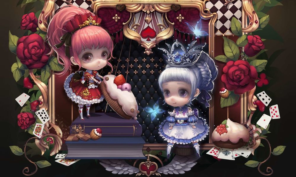 Обои для рабочего стола Alice и Королева седи карт. сладостей и роз, сказка Alice in Wonderland / Алиса в Стране чудес
