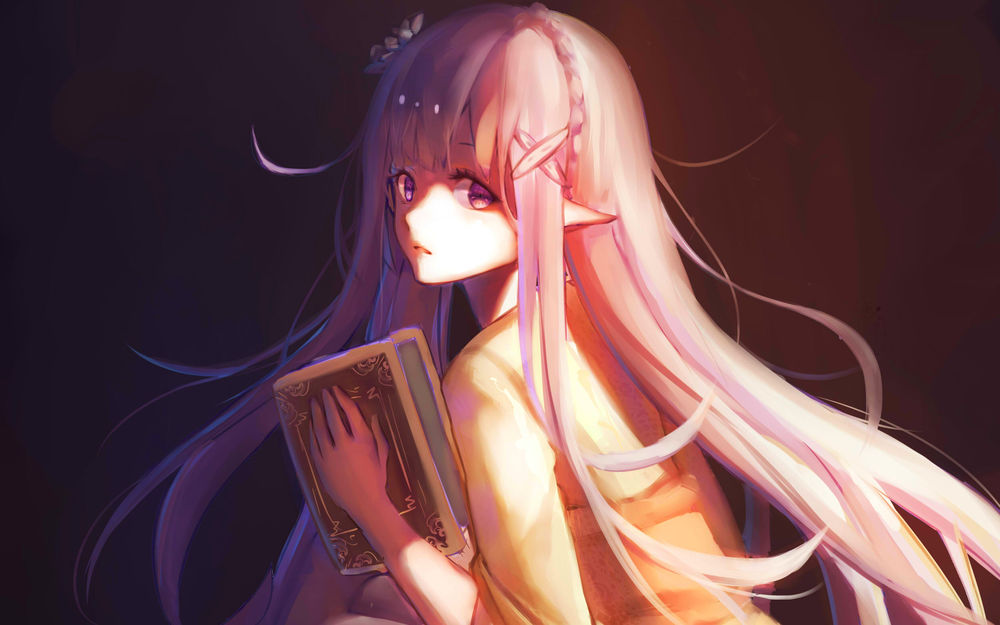 Обои для рабочего стола Emilia / Эмилия и Puck / Пак из аниме Re: Zero kara Hajimeru Isekai Seikatsu / Re: Жизнь в альтернативном мире с нуля