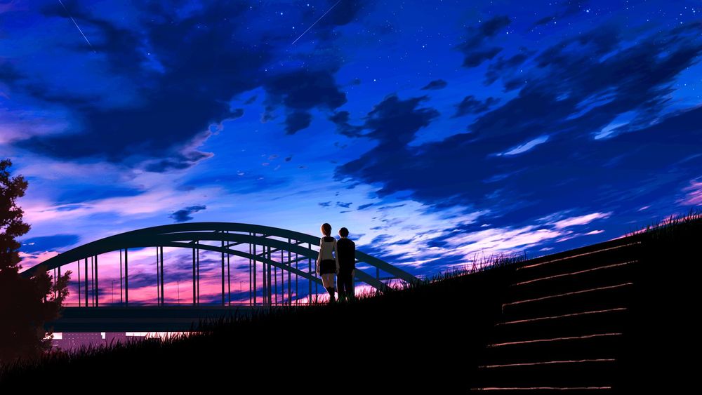 Обои для рабочего стола Парень с девушкой стоят на фоне моста под облачным небом, by adsuger