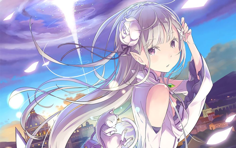Обои для рабочего стола Emilia / Эмилия и Puck / Пак из аниме Re: Zero kara Hajimeru Isekai Seikatsu / Re: Жизнь в альтернативном мире с нуля