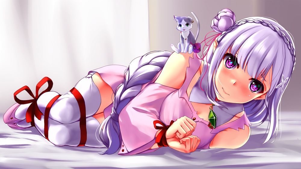 Обои для рабочего стола Emilia / Эмилия и Puck / Пак из аниме Re: Zero kara Hajimeru Isekai Seikatsu / Re: Жизнь в альтернативном мире с нуля