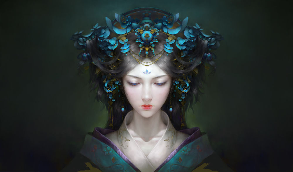 Обои для рабочего стола Грустная девушка с украшением на голове, by chen sihan