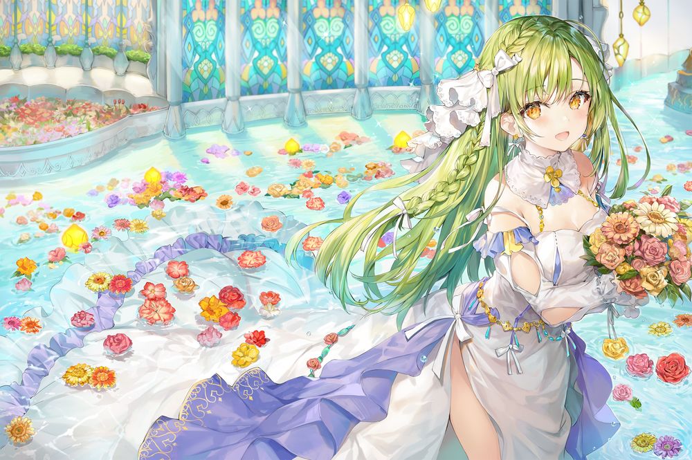 Обои для рабочего стола Yukari Momoko / Юкари Момоко с цветами в руках