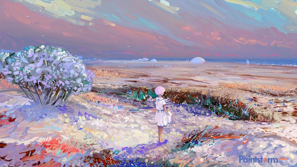 Обои для рабочего стола Художественный рисунок девушки стоящей на пляже у берега моря, by Hangmoon