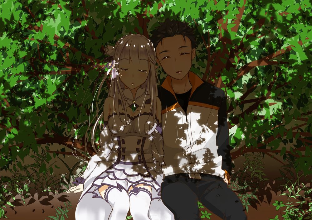 Обои для рабочего стола Emilia / Эмилия и Subaru Natsuki / Субару Нацуки из аниме Re:Zero kara Hajimeru Isekai Seikatsu / Re:Zero. Жизнь с нуля в альтернативном мире