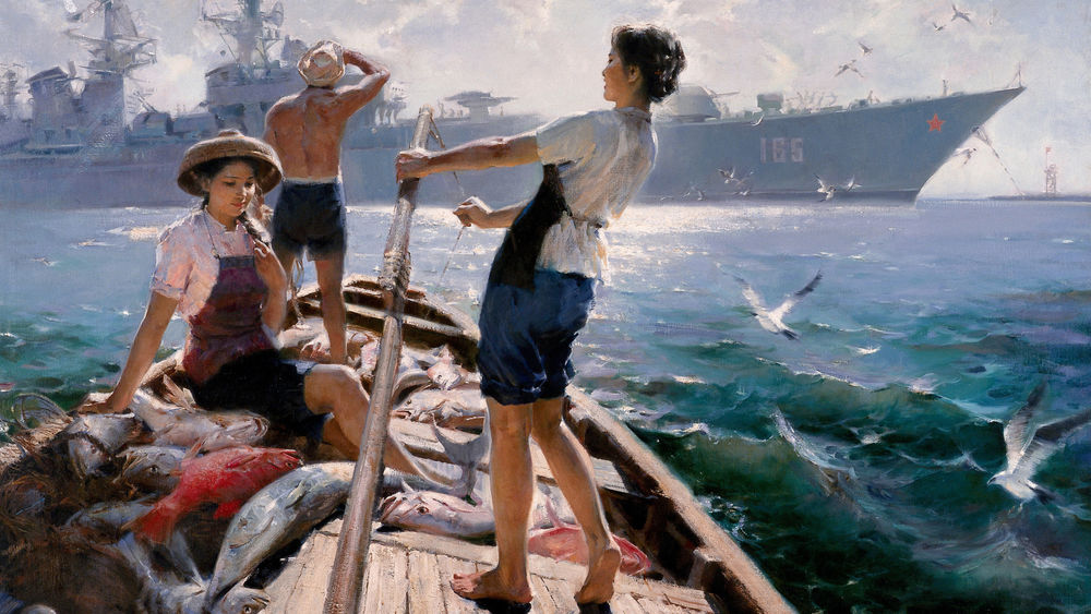 Обои для рабочего стола Рыбаки на лодке наблюдают за проходящим рядом Российским военным крейсером, картина художника HE aN