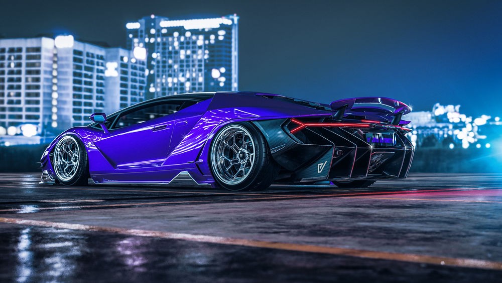 Обои для рабочего стола Пурпурный Lamborghini Centenario / Ламборджини Сентенарио на фоне ночного города, by Javier Oquendo
