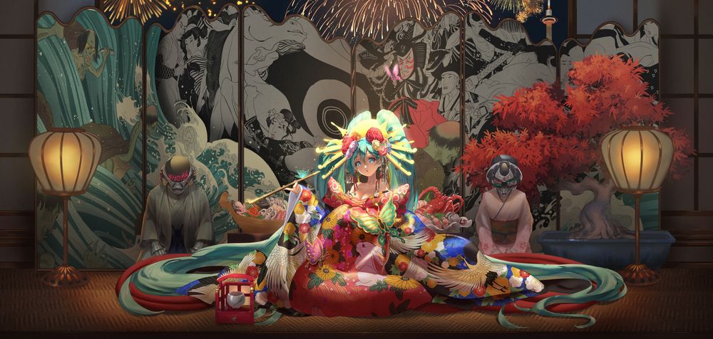 Обои для рабочего стола Вокалоид Хатсуне Мику / Vocaloid Miku Hatsune сидит с трубкой в образе японской гейши