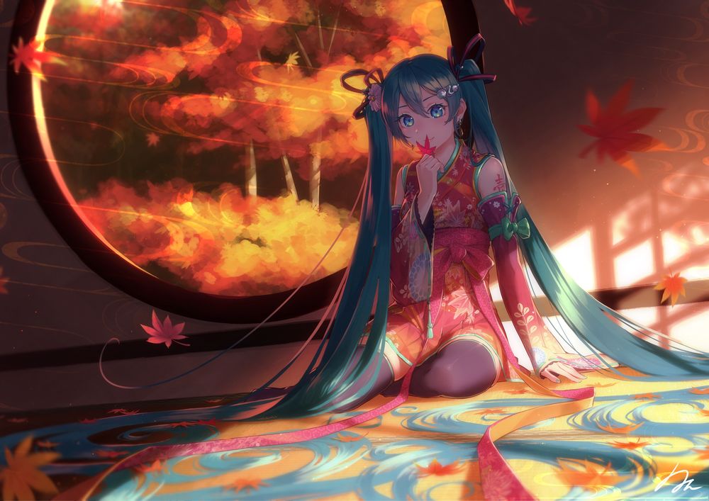 Обои для рабочего стола Vocaloid Hatsune Miku / вокалоид Хатсуне Мику сидит на полу у окна с кленовым листом