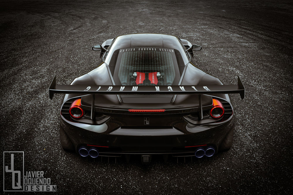 Обои для рабочего стола Черный Ferrari 488 GTB на трассе (Black Magic / Черная магия) , by Javier Oquendo