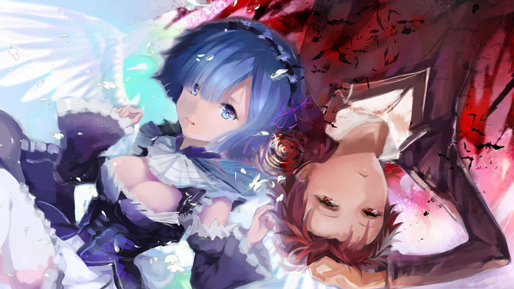 Обои для рабочего стола Subaru Natsuki / Субару Нацуки и Rem / Рем из аниме Re:Zero kara Hajimeru Isekai Seikatsu / Re:Zero. Жизнь с нуля в альтернативном мире