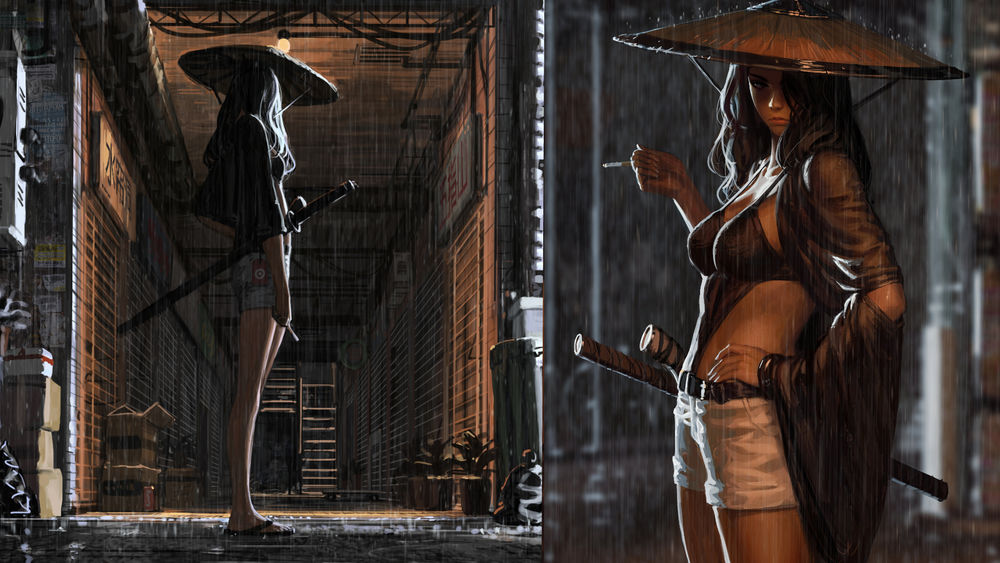 Обои для рабочего стола Девушка самурай в соломенной шляпе курит под дождем, remix by GUWEIZ