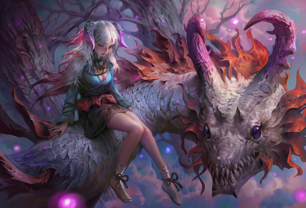 Обои для рабочего стола Девушка сидит на белом драконе, фэнтези арт by Rayden Chen