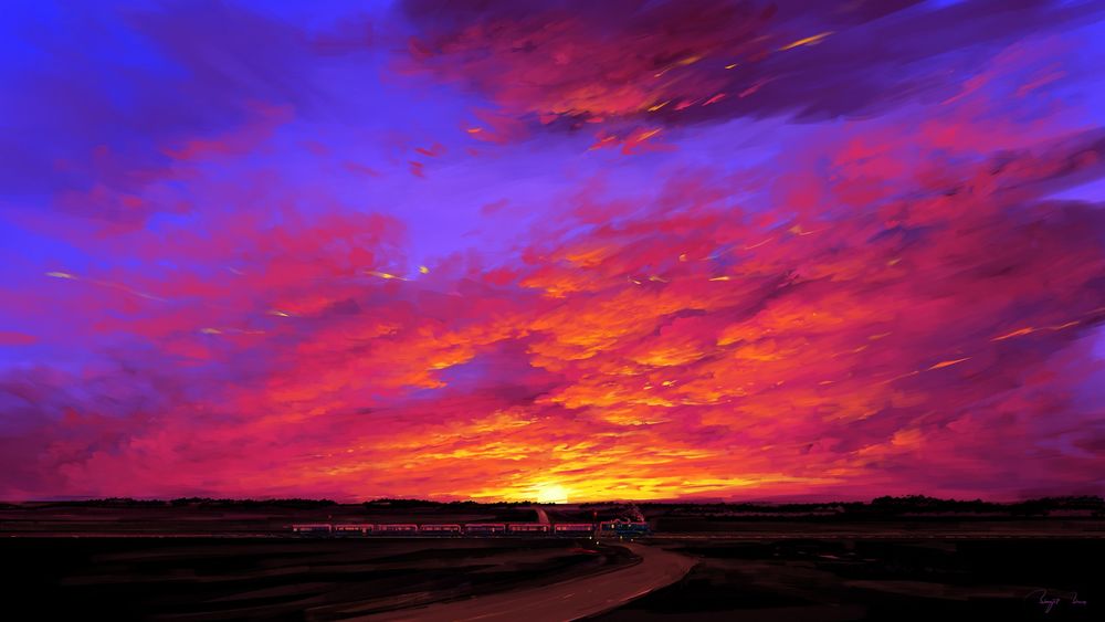 Обои для рабочего стола Поезд идущий на фоне заката солнца, digital art by BisBiswas