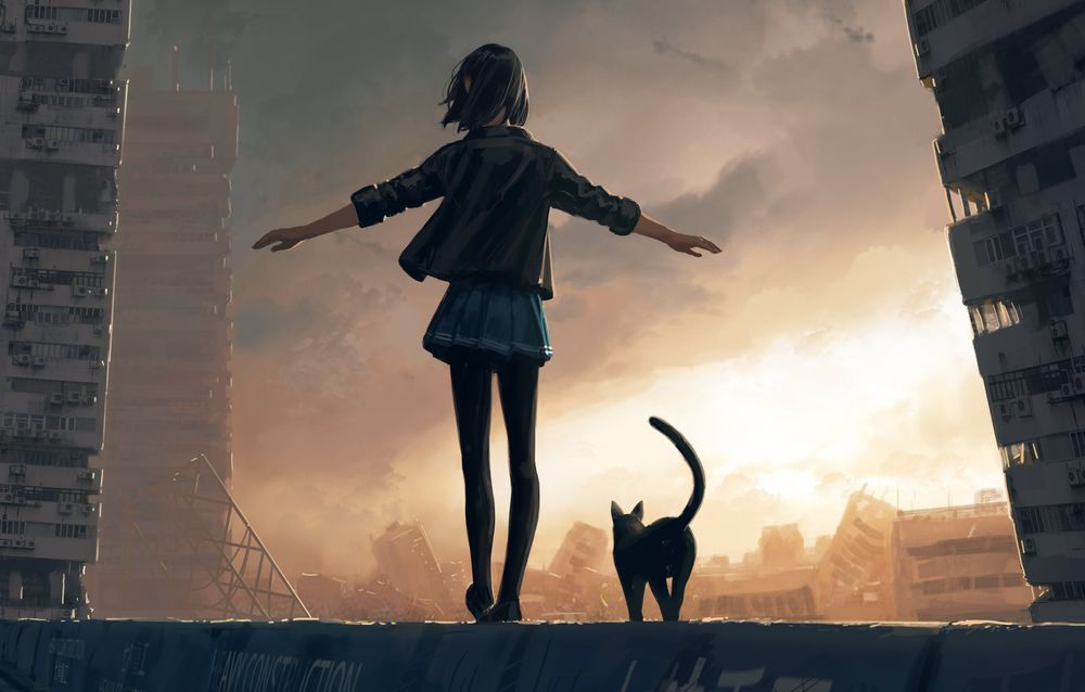 Обои для рабочего стола Девушка стоит рядом с черной кошкой на бетонном ограждении на фоне города, автор GUWEIZ