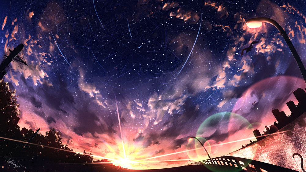 Обои для рабочего стола Закат солнца над ночным городом, anime original by Namizukuri