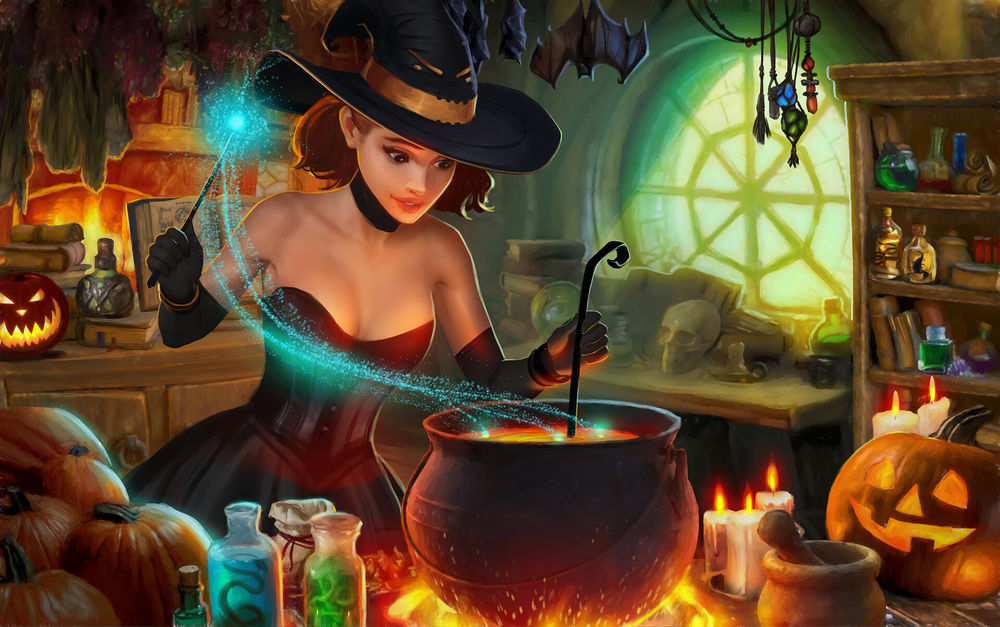 Обои для рабочего стола Девушка-ведьма готовит колдовское зелье в Halloween / Хэллоуин, by Mironishin Story