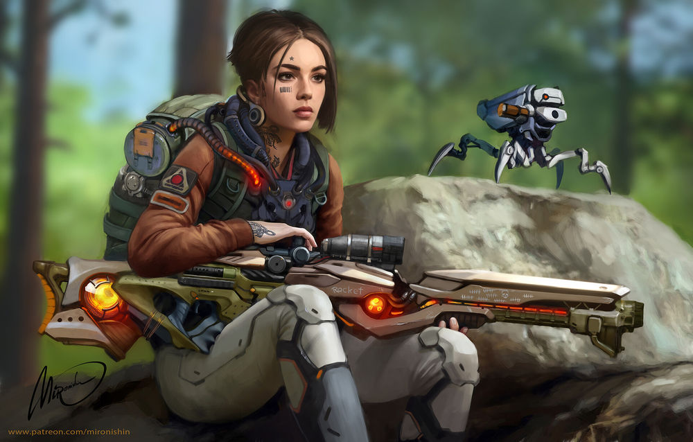 Обои для рабочего стола Insurgent-girl / Девушка-повстанка и робот на камнях, by Mironishin Story