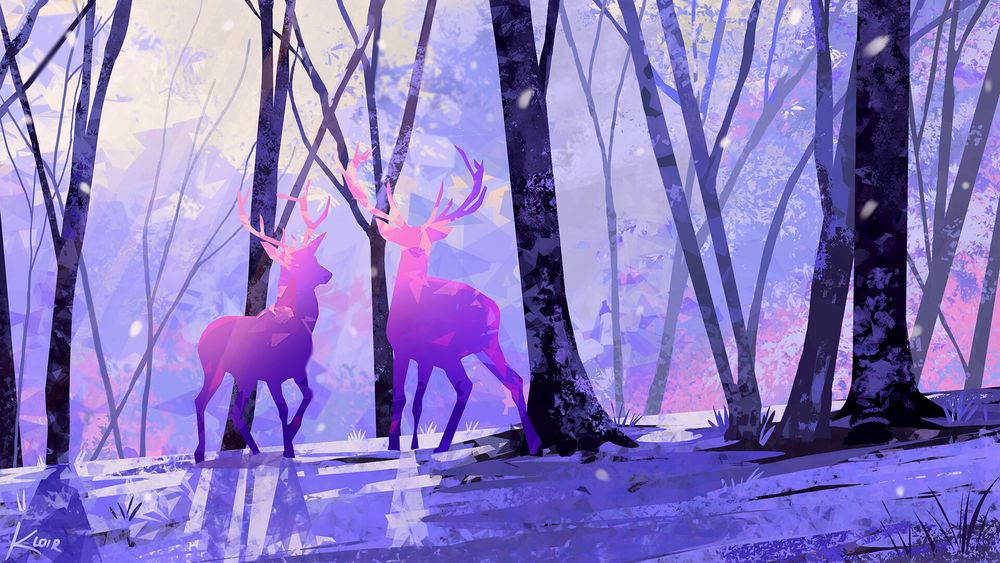 Обои для рабочего стола Олени стоящие в зимнем лесу, digital art by Samantha Lee