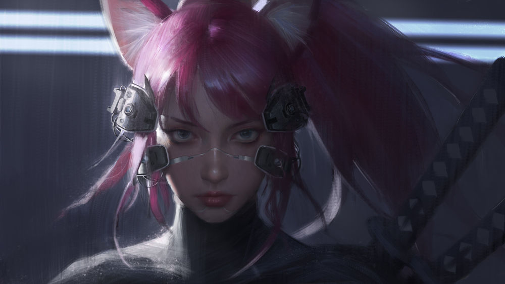 Обои для рабочего стола Cyberpunk Catgirl / Киберпанк девушка-кошка, by Yuhong Ding