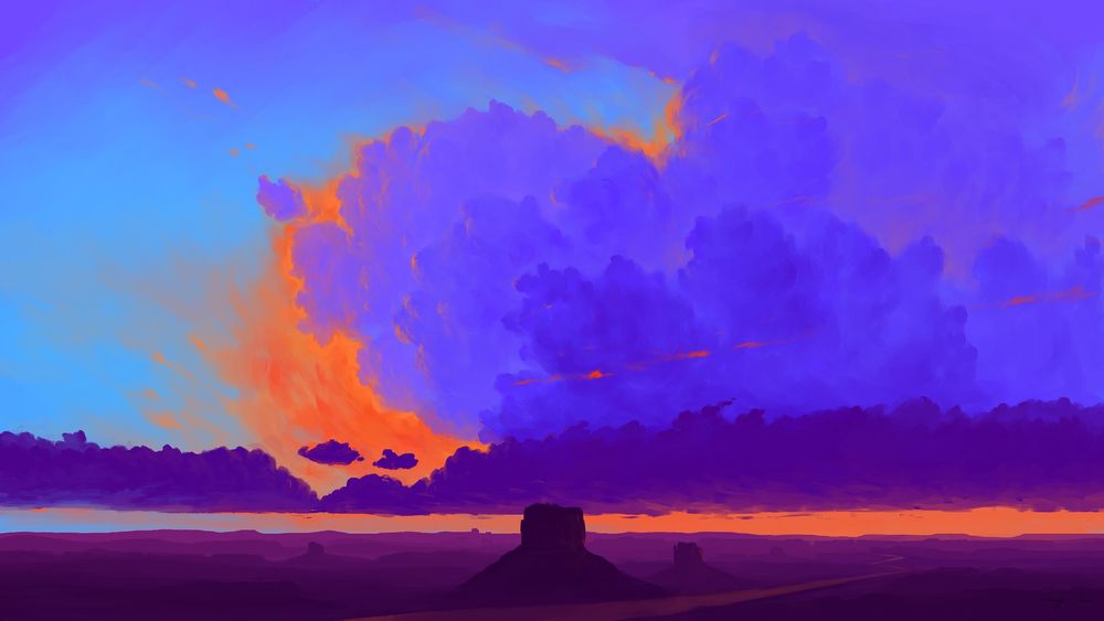 Обои для рабочего стола Облачное небо на закате солнца, digital art by BisBiswas