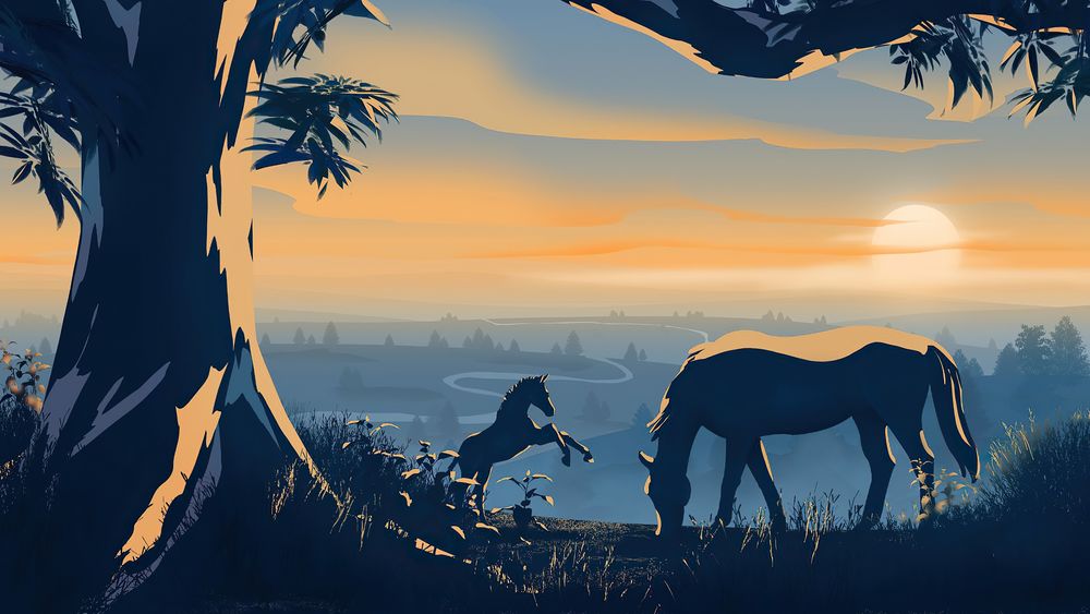 Обои для рабочего стола Лошадь и жеребец стоят на фоне рассвета, digital art by Shiro Naj