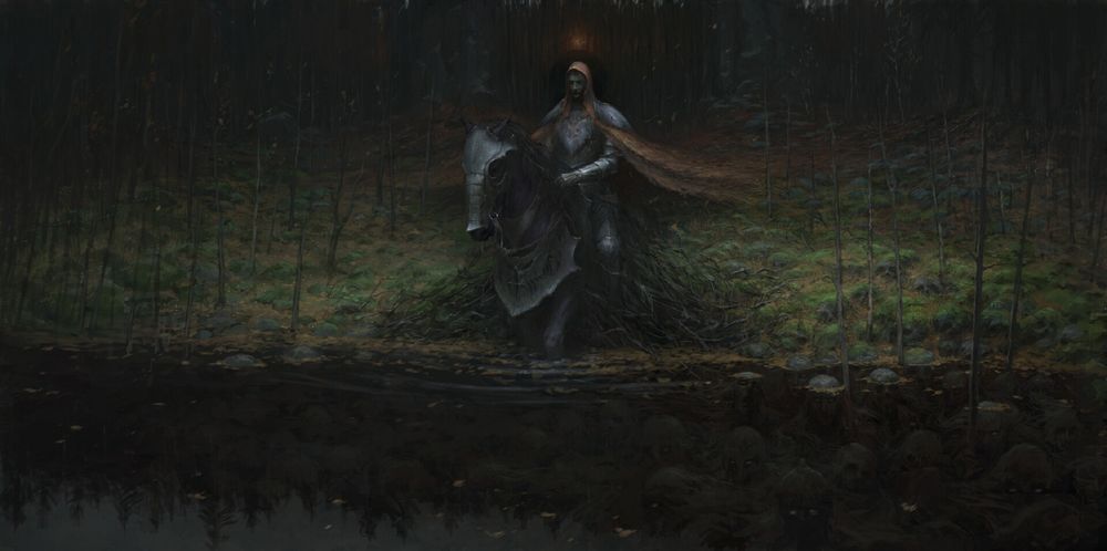 Обои для рабочего стола Рыцарь на коне входит в озеро мертвых, by Artem Demura