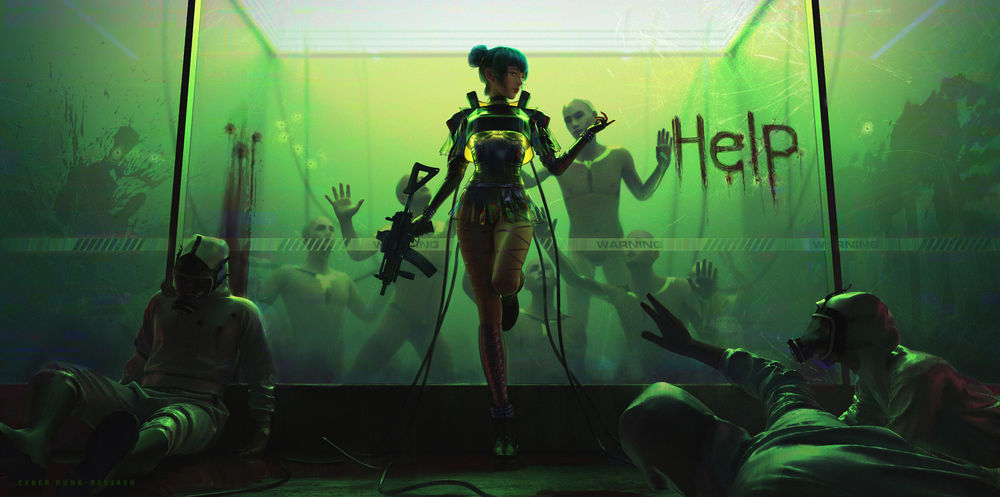 Обои для рабочего стола Девушка-киборг с автоматом в руке, арт к игре Cyberpunk 2077 / Киберпанк 2077, by Aihong Huang