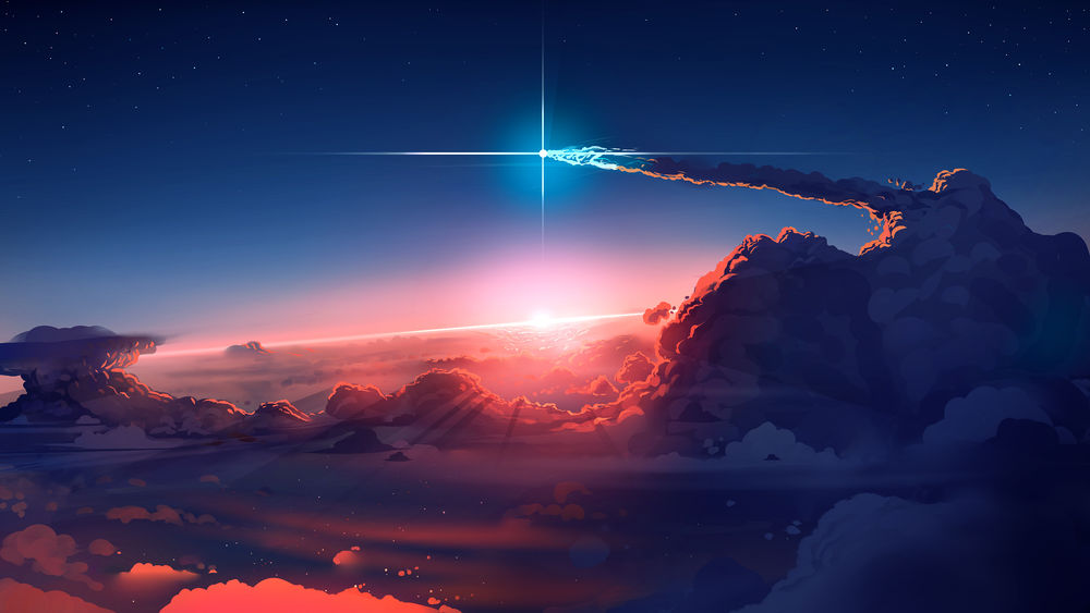 Обои для рабочего стола Ракета летящая в облаках на фоне рассвета, digital art by SouredApple