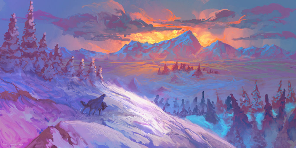 Обои для рабочего стола Пейзаж зимних гор на рассвете солнца, by Anato Finnstark