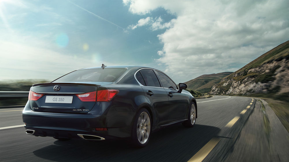 Обои для рабочего стола Черный Lexus GS350 едет по трассе в горах, by Dmitriy Ten