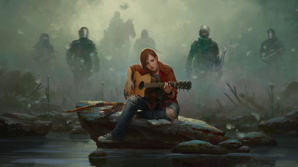 Обои для рабочего стола Девушка играет на гитаре, сидя на камне в воде, а на берегу в тумане стоят бойцы спецназа, by Marek Okon