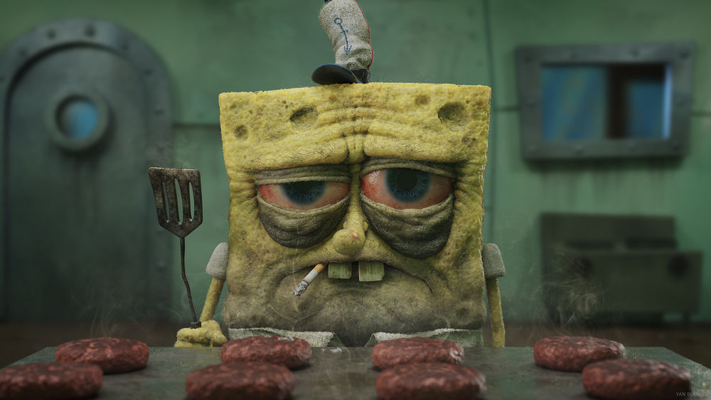 Обои для рабочего стола SpongeBob SquarePants / Губка Боб Квадратные Штаны жарит гамбургесы из мультсериала Губка Боб Квадратные Штаны, by Yan Blanco