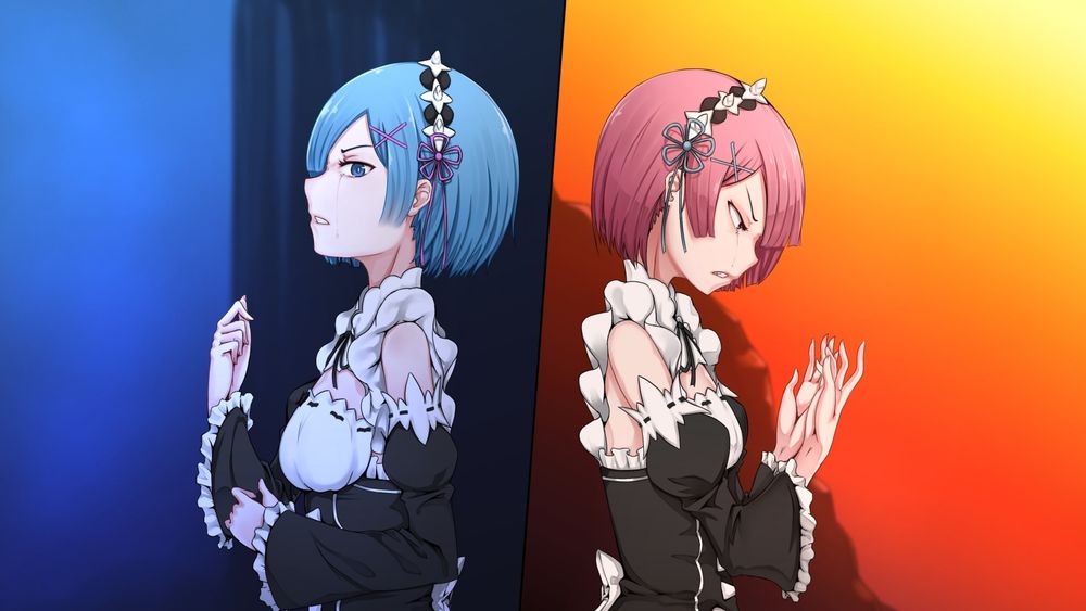 Обои для рабочего стола Rem / Рем и Ram / Рам из аниме Re:Zero kara Hajimeru Isekai Seikatsu / Re:Zero. Жизнь с нуля в альтернативном мире