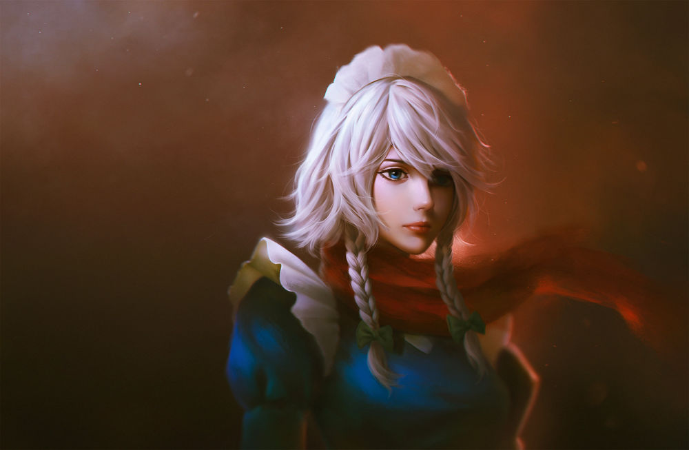 Обои для рабочего стола Sakuya Izayoi / Сакуя Изаеи в красном шарфе, персонаж из серии компьютерных игр Touhou Project / «Проект «Восток»», art by Bita (Vardec)