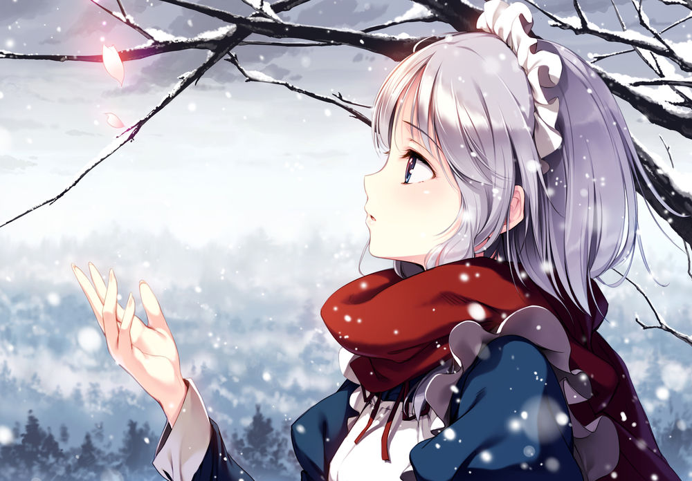 Обои для рабочего стола Горничная Сакуя Изаеи / Izayoi Sakuya из Тохо / Touhou Project, стоя под деревом, подставила руку, чтобы поймать два светящихся розовых лепестка сакуры
