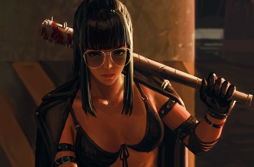 Обои на рабочий стол Девушка в очках с битой в руке, by Guweiz