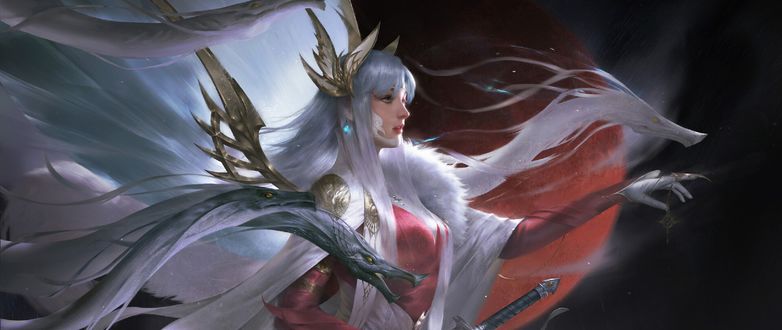 Обои на рабочий стол Goddess / Богиня с фэнтезийными животными, by Zhichao Cheng