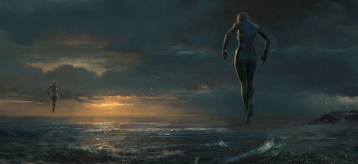 Обои на рабочий стол Инопланетяне парят в воздухе над морем, by Emilis Emka