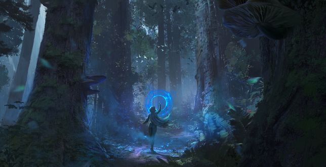 Обои на рабочий стол Девушка занимается магией, открывая портал в лесу, by Emilis Emka