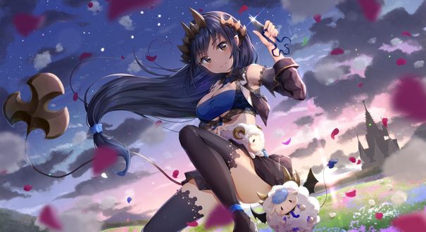 Обои на рабочий стол Shimamura Charlotte собралась остричь маленькую овечку, персонаж из группы виртуальных ютуберов Honey Strap, art by Kuria (clear trip second)