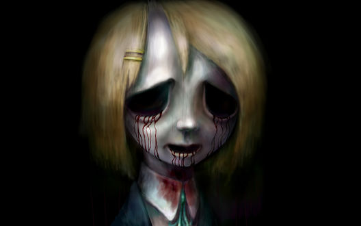Обои на рабочий стол Yui Hirasawa / Юи Хирасава изображена в мрачной, ужасающей и отталкивающей форме, персонаж из аниме K-On! / Кэй-он! / Легкая Музыка! (неоф. рус.), art by Sonobe