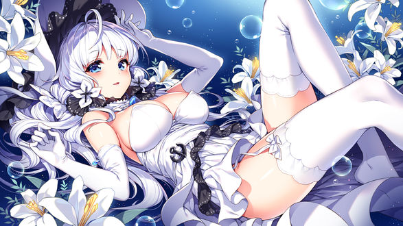 Обои на рабочий стол Illustrious / Илюстриус в красивом белом платье, под водой, персонаж из мобильной браузерной игры Azur Lane, art by Nardack