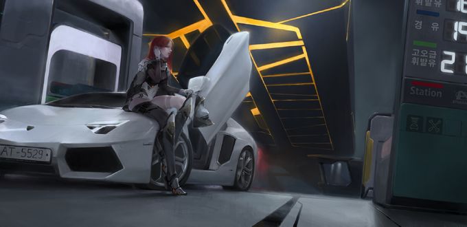 Обои на рабочий стол Девушка с красными волосами сидит на капоте белого Lamborghini Aventador, by Eternal Athanasia