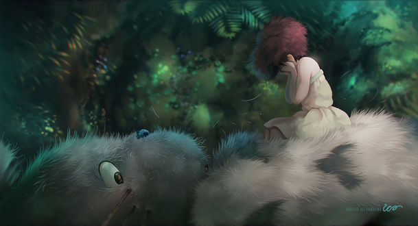Обои на рабочий стол Satsuki Kusakabe и Totoro из аниме Мой сосед Тоторо / Tonari no Totoro, art by Rodrigo Alexandrino ICO