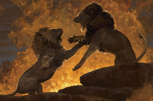 Обои на рабочий стол Битва Simba / Симбы и Scar / Шрама, арт к мультфильму The lion king / Король лев, by Faraz Shanyar