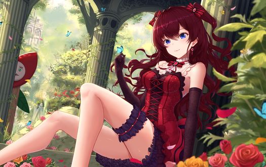 Обои на рабочий стол Ichinose Shiki / Сики Итиносэ в красивом красном платье, сидит прислонившись спиной к колонне, персонаж из игры и аниме Idolmaster Cinderella Girls / Идолмастер: Девушки-золушки, art by Maitake (maitake1234)