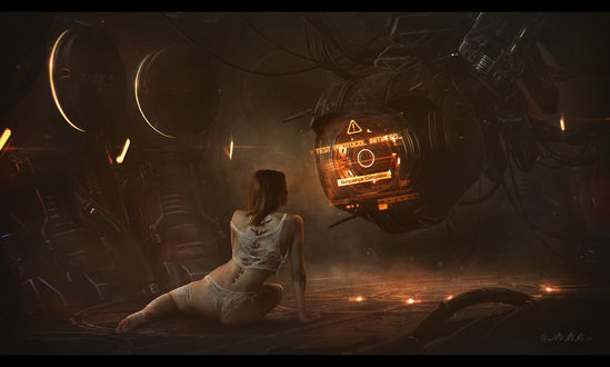 Обои на рабочий стол Кибер-машина тестирует девушку-андроида, by Vladimir Manyukhin