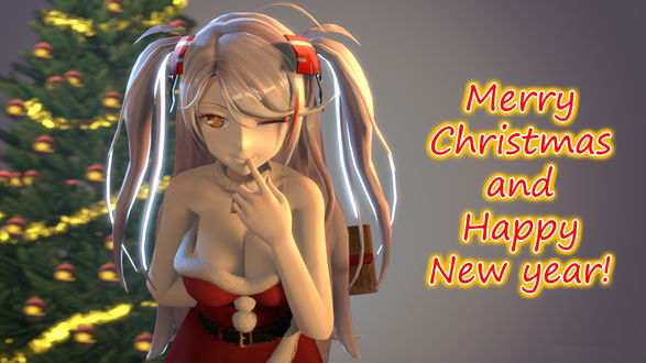 Обои на рабочий стол Персонаж игры Azur Lane в новогоднем наряде стоит на фоне елки, (Мerry Christmas and Happy New year / С Рождеством и счастливым новым годом! ), by Spatio