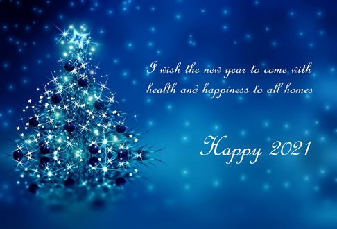 Обои на рабочий стол Наряженная елочка на синем фоне (I wish the new year to come with health and happiness to all homes / Я желаю, чтобы Новый год пришел со здоровьем и счастьем во все дома, Happy 2021 / Счастливый 2021)